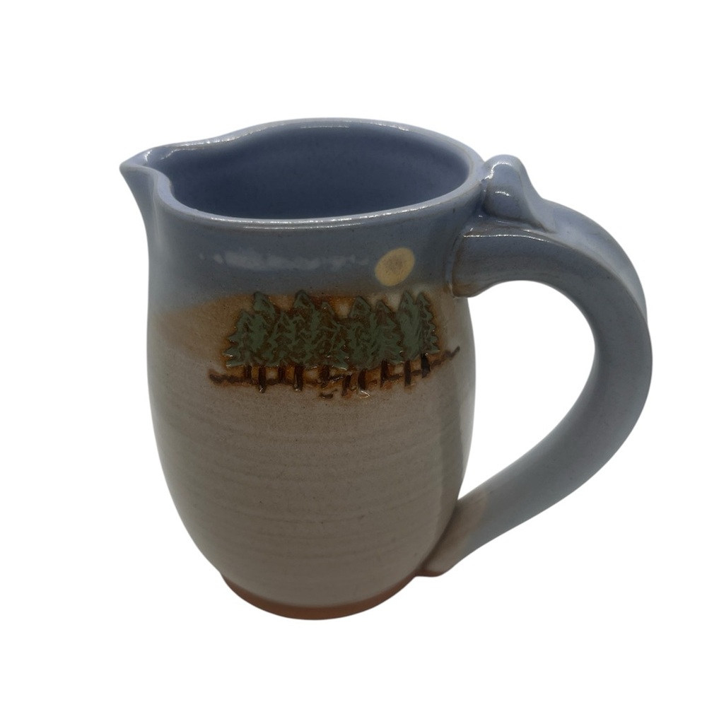Vintage Salt Glazed Pottery Pitcher Signed Trees Woods‎ Mountains 4.5" Tall